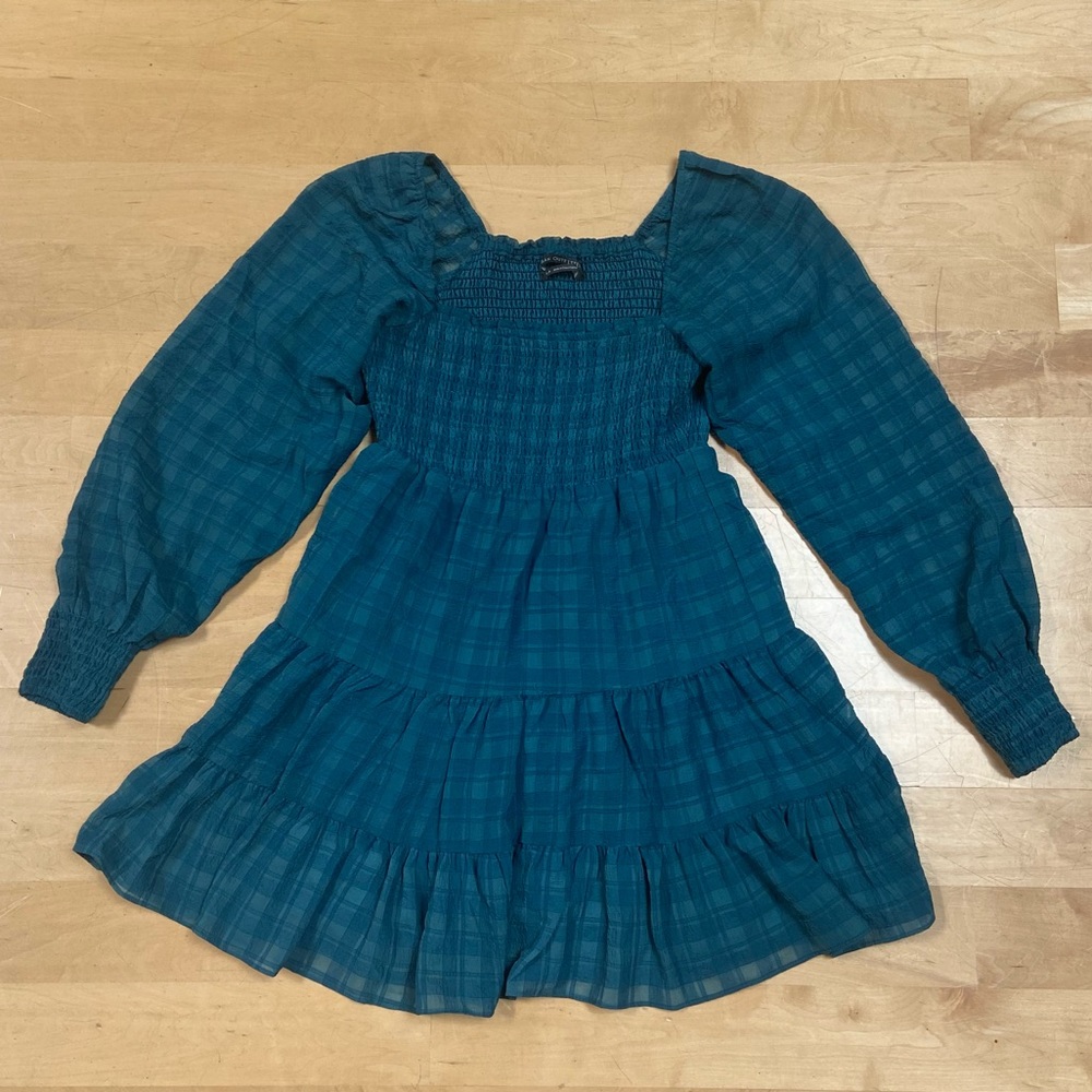 urban outfitters deep teal plaid long sleeve mini dress